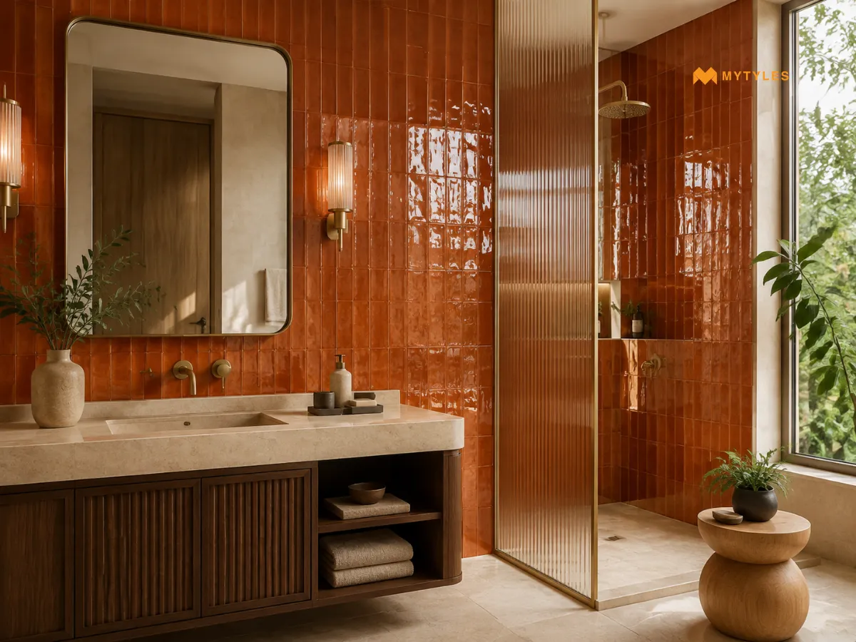 Red Glossy Subway Tile In Bathroom Wall